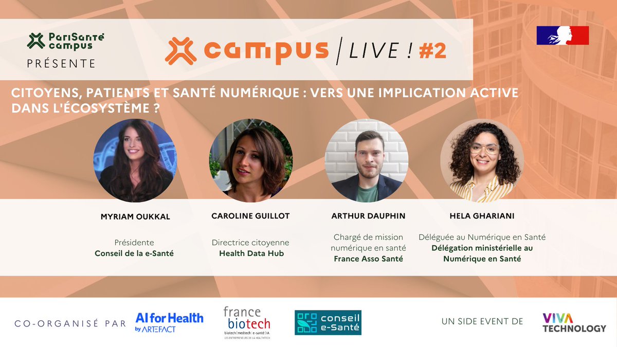 PariSanté Campus (@parisantecampus) on Twitter photo 🟠 #CampusLive2 🟠
À partir de 12h20 - Auditorium 👉 Citoyens, patients et santé numérique : vers une implication active dans l'écosystème ?
🎙️ <a href="/Art_Dauphin/">Arthur Dauphin</a> - France Asso Santé
🎙️ @GharHela - DNS
🎙️ @carolin_guillot - <a href="/HealthDataHub/">Health Data Hub</a>
🎙️ <a href="/myriam_oukkal/">Myriam Oukkal</a> - <a href="/c1esante/">Conseil de la E-santé</a> 🟠 #CampusLive2 🟠
À partir de 12h20 - Auditorium 👉 Citoyens, patients et santé numérique : vers une implication active dans l'écosystème ?
🎙️ <a href="/Art_Dauphin/">Arthur Dauphin</a> - France Asso Santé
🎙️ @GharHela - DNS
🎙️ @carolin_guillot - <a href="/HealthDataHub/">Health Data Hub</a>
🎙️ <a href="/myriam_oukkal/">Myriam Oukkal</a> - <a href="/c1esante/">Conseil de la E-santé</a>