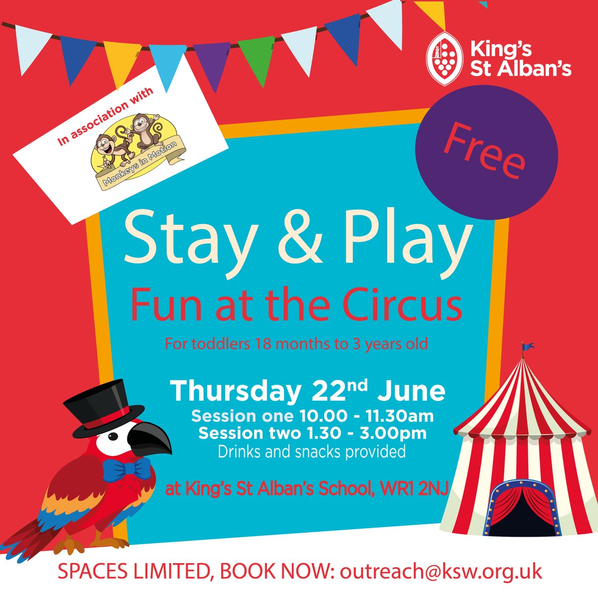 Join us for a fun, stay &amp; play session for toddlers aged 18 months - 3 years. On Thurs 22nd June, we are teaming up with <a href="/monkeys_motion/">Monkeys In Motion</a> for some circus fun. Your little ones can expect to sing, dance &amp; have fun!  

Spaces are limited. Secure your space email: outreach@ksw.org.uk