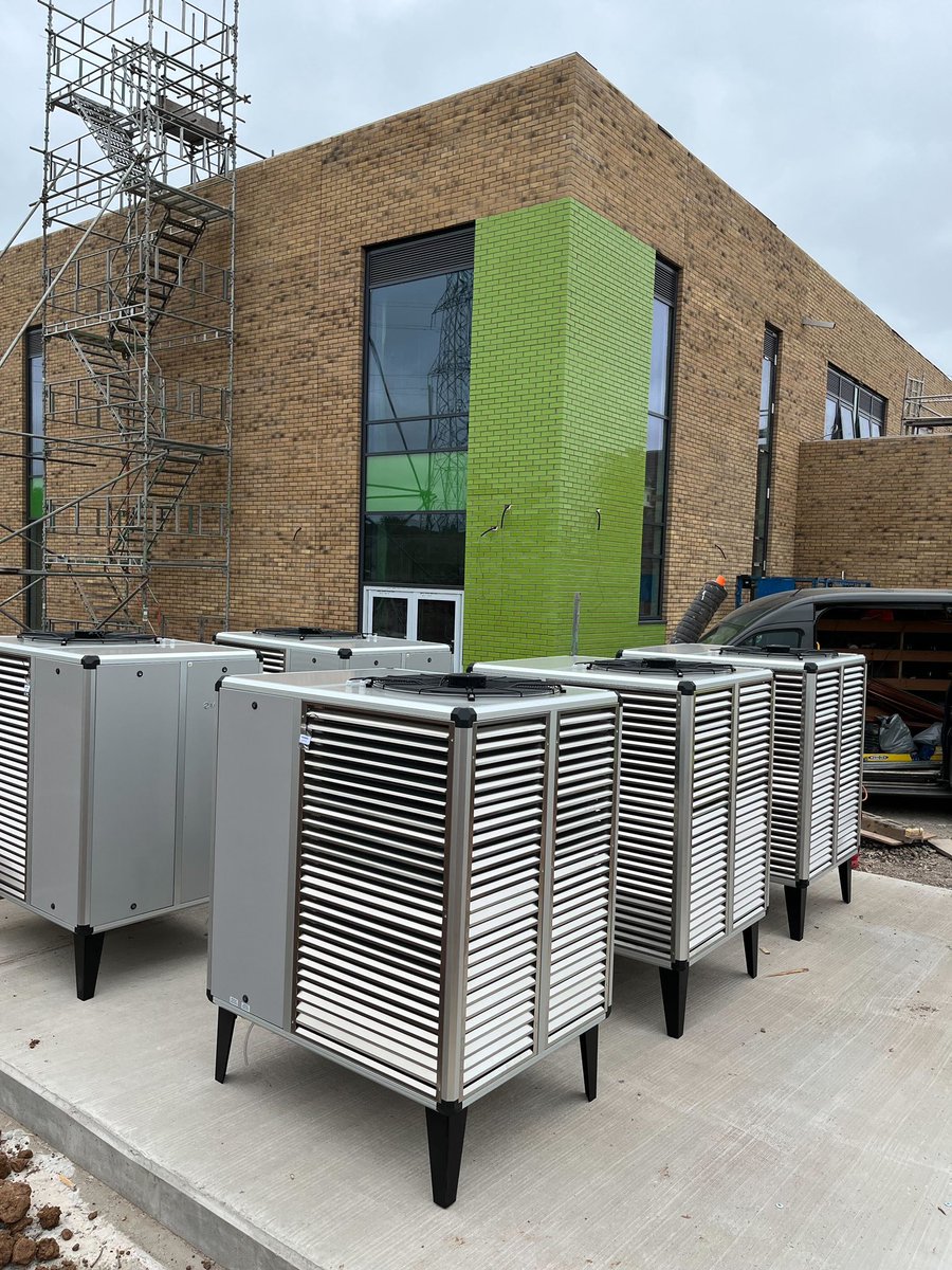 A cascade of 5 x <a href="/MasterThermUK/">MasterTherm</a> BA60i 7-35kW (up to 135kW @ Air -5°c/Water 45°c) in place and ready for install at this new school providing low temp UFH and hot water.