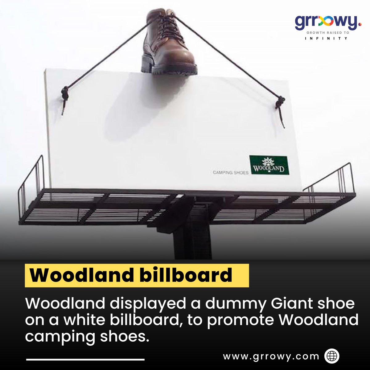 grrowy's tweet image. Woodland captures attention with a captivating display of a dummy Giant shoe on a pristine white billboard.

#WoodlandCampingShoes #grrowy #informationalpost #woodland #AdventureAwaits #ConquerTheWild #ScalingNewHeights #OutdoorExploration #ExploreTheWild #UnleashYourPotential