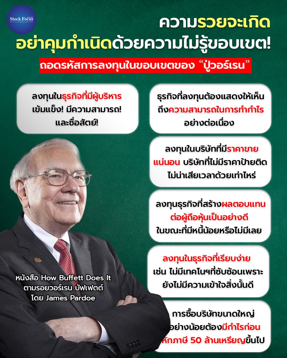 FocusStock's tweet photo. ความรวยจะเกิด
อย่าคุมกำเนิด ด้วยความไม่รู้ขอบเขต!
ถอดรหัสการลงทุนในขอบเขตของ "ปู่วอร์เรน"
#StockFocus #HowBuffettDoesIt #JamesPardoe https://t.co/NcRTZDqifn
