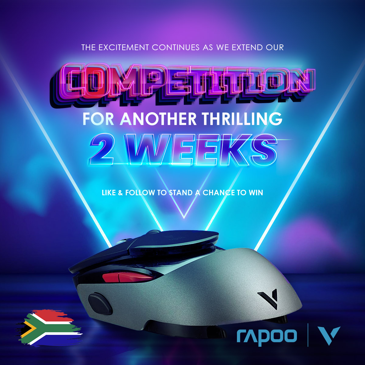 RapooAfrica's tweet photo. Our "Upgrade Your Tech Game with Rapoo" competition is now extended for 2 more weeks! 

🥇 1st Prize: Rapoo VT960 mouse + Steam gaming voucher!
🥈 2nd Prize: R500 https://t.co/236b2TUN08 voucher
🥉 3rd Prize: R250 https://t.co/236b2TUN08 voucher

Like, follow &amp; retweet to enter! https://t.co/rUPvrNbi7h