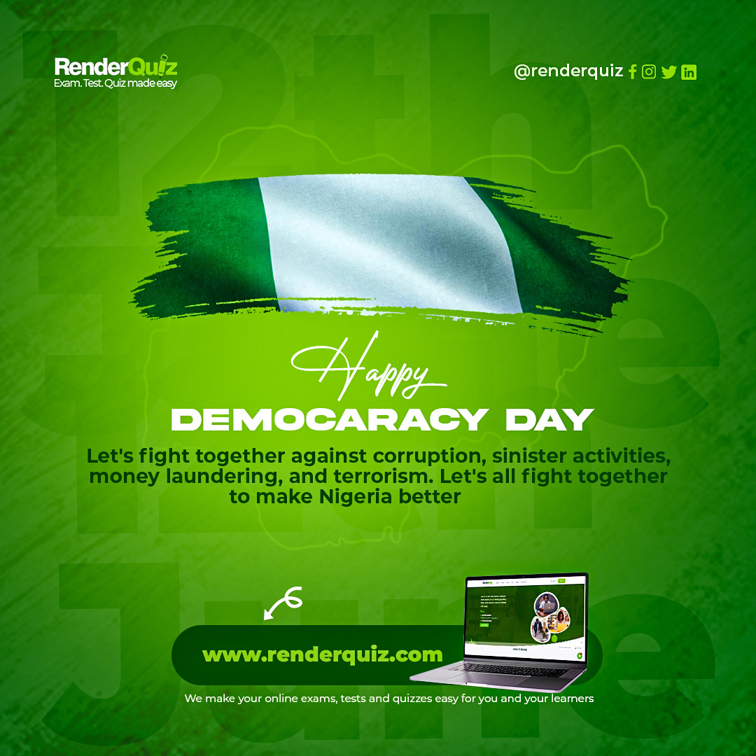 Renderquiz's tweet image. Happy Democracy Day Nigeria🎉...

visit renderquiz.com 

We make all your online exams, tests, and quizzes easy.

#DemocracyDay2023 #June12 #onlineexams #onlinetest #onlinequizzes #onlinerecruitment #schools #teachers #employeeengagement #proctoringsoftware