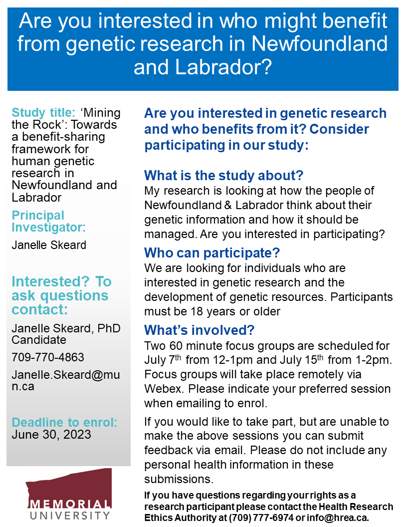 jd_florence's tweet photo. Are you interested in how genetic research in NL can produce benefits for the whole population? Have you ever thought about the similarities between the NL Genome and other natural resources? Consider signing up for one of my focus groups next month! @CatherineStree4 @savaslab https://t.co/02pTjEnC3c