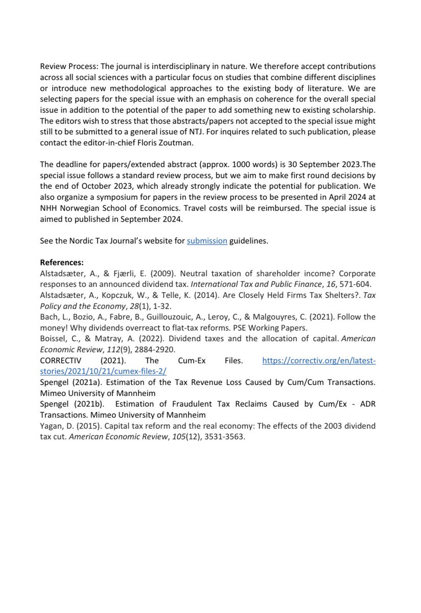 Yvette Lind (@yslind) on Twitter photo 📣 Call for papers: Nordic Tax Journal Special issue on the taxation of dividends. Edited by <a href="/jarkko_harju/">Jarkko Harju</a> and myself. We welcome proposals from a broad range of disciplines. Feel free to contact me or Jarkko if you wish to discuss potential paper or have questions. More info 👇 📣 Call for papers: Nordic Tax Journal Special issue on the taxation of dividends. Edited by <a href="/jarkko_harju/">Jarkko Harju</a> and myself. We welcome proposals from a broad range of disciplines. Feel free to contact me or Jarkko if you wish to discuss potential paper or have questions. More info 👇
