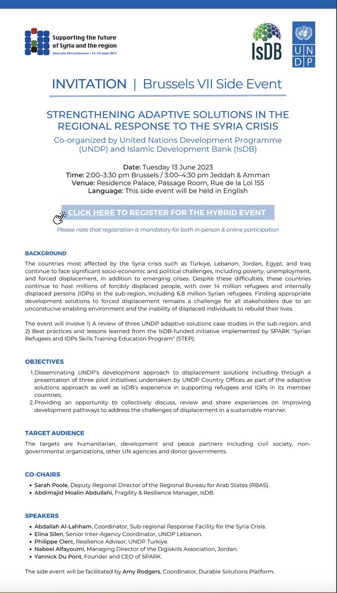 💡Join us for an event focused on #AdaptiveSolutions for #refugees in countries affected by the #SyriaCrisis, as part of the Brussels #SyriaConf2023.

Together, we can strengthen #resilience & transform challenges into opportunities #ForRefugees in the region.🤝
@EU_Commission