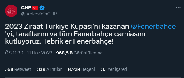 Galatasaray'ın şampiyonluğunu kutlamayan resmi CHP hesabı @herkesicinchp, Fenerbahçe'nin Türkiye Kupası'nı kazanmasını kutladı.