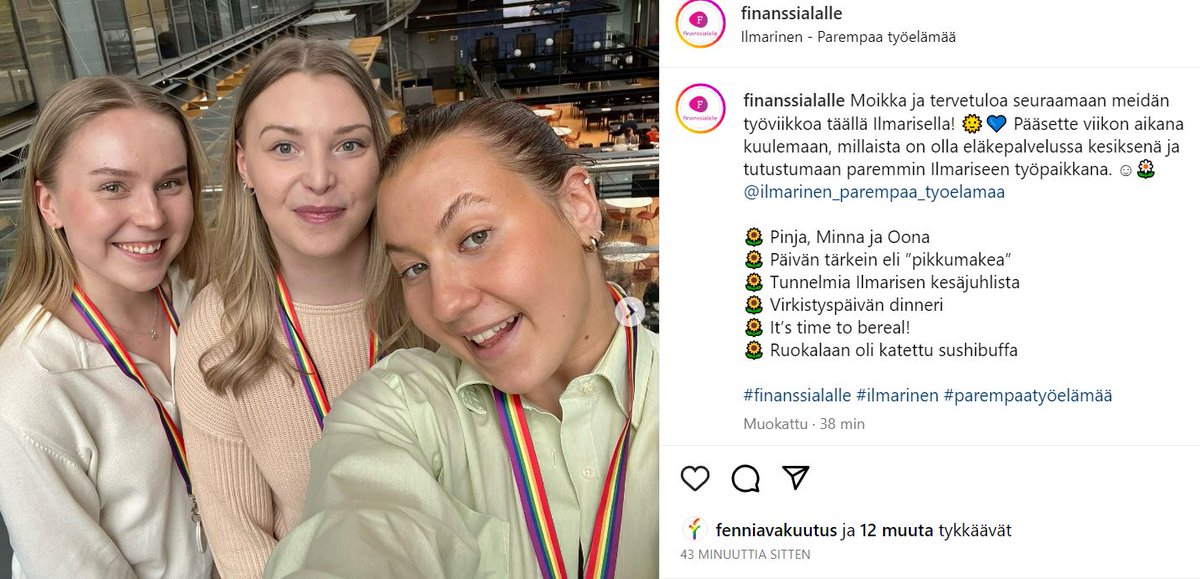 Ilmarinen (@ilmarinen_tweet) on Twitter photo Kesätyöntekijämme Pinja, Minna ja Oona ovat tällä viikolla kaapanneet Finanssialalle-Instagram tilin. Seuraa tiliä ja näet, millaista on olla meillä kesiksenä ja tutustut paremmin Ilmariseen työpaikkana. 🤗🙌bit.ly/42C3EUa #ParempaaTyöelämää #Finanssialalle <a href="/finanssiala/">Finanssiala</a> Kesätyöntekijämme Pinja, Minna ja Oona ovat tällä viikolla kaapanneet Finanssialalle-Instagram tilin. Seuraa tiliä ja näet, millaista on olla meillä kesiksenä ja tutustut paremmin Ilmariseen työpaikkana. 🤗🙌bit.ly/42C3EUa #ParempaaTyöelämää #Finanssialalle <a href="/finanssiala/">Finanssiala</a>