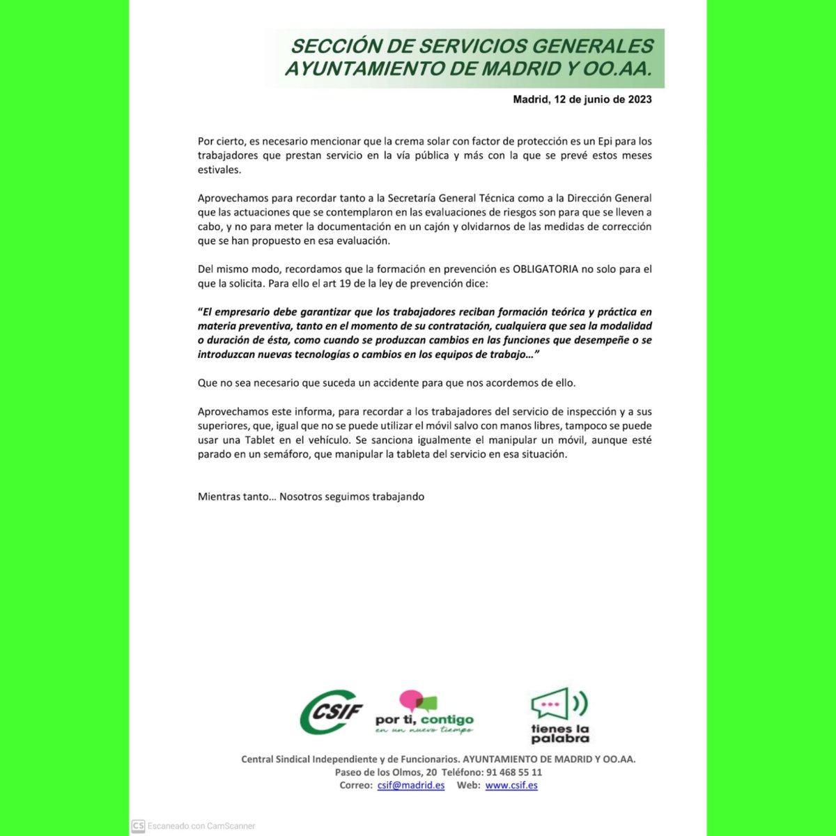 CSIFMADAyto's tweet photo. La Dirección General de Limpieza y Recogida se olvida de comunicar los riesgos laborales que tienen y sufren sus trabajadores.
@MADRID 

#csifteinforma 
#csiftedefiende 
#csifporti 
#csifcontigo https://t.co/wEqCsDPmue