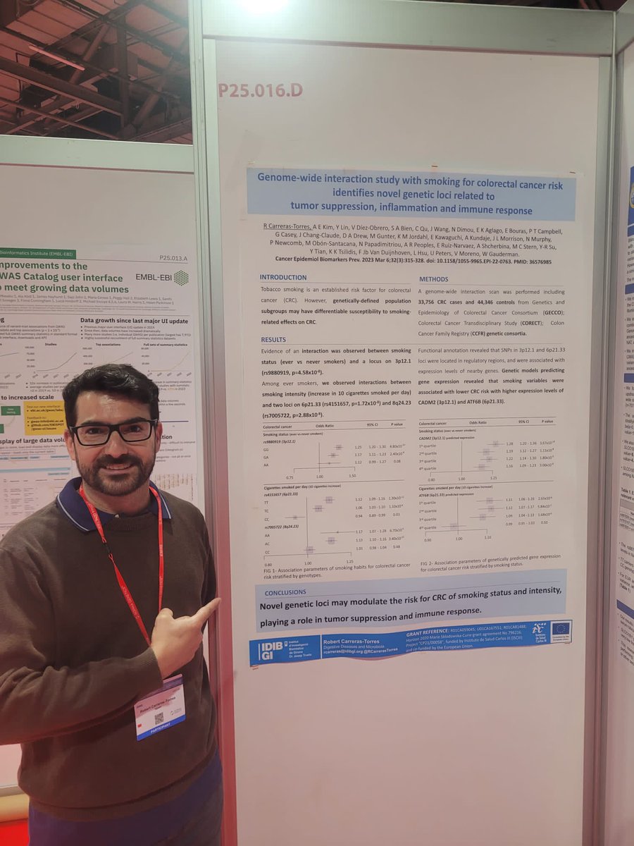 RCarrerasTorres's tweet photo. Are you at #ESHG2023?
Working on gene-environment interaction #GWIS? Come and find out about our GWIS on Smoking and #ColorectalCancer at 3:45pm poster P25.016.D
#GECCO #CCFR #CORECT @idibgi 👇👇
https://t.co/Nw8jL84Jy2 https://t.co/ZihiXH5QAD