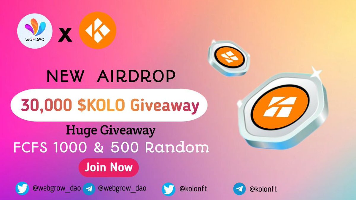 😱Fcfs 1000 & Random 500 🏆 Prize Pool «-» 30,000 $KOLO To Enter ⤵️ 1️⃣ Follow @WebGrow_Dao & @KOLONFT 2️⃣ RT + Like & Tag 3 Friend 3️⃣ Finish 👇 gleam.io/competitions/E… ⏰ Ends 19 June #Airdrops #Crypto #Giveaways #CryptoNews #cryptocurrencies #Bitcoin  #binance