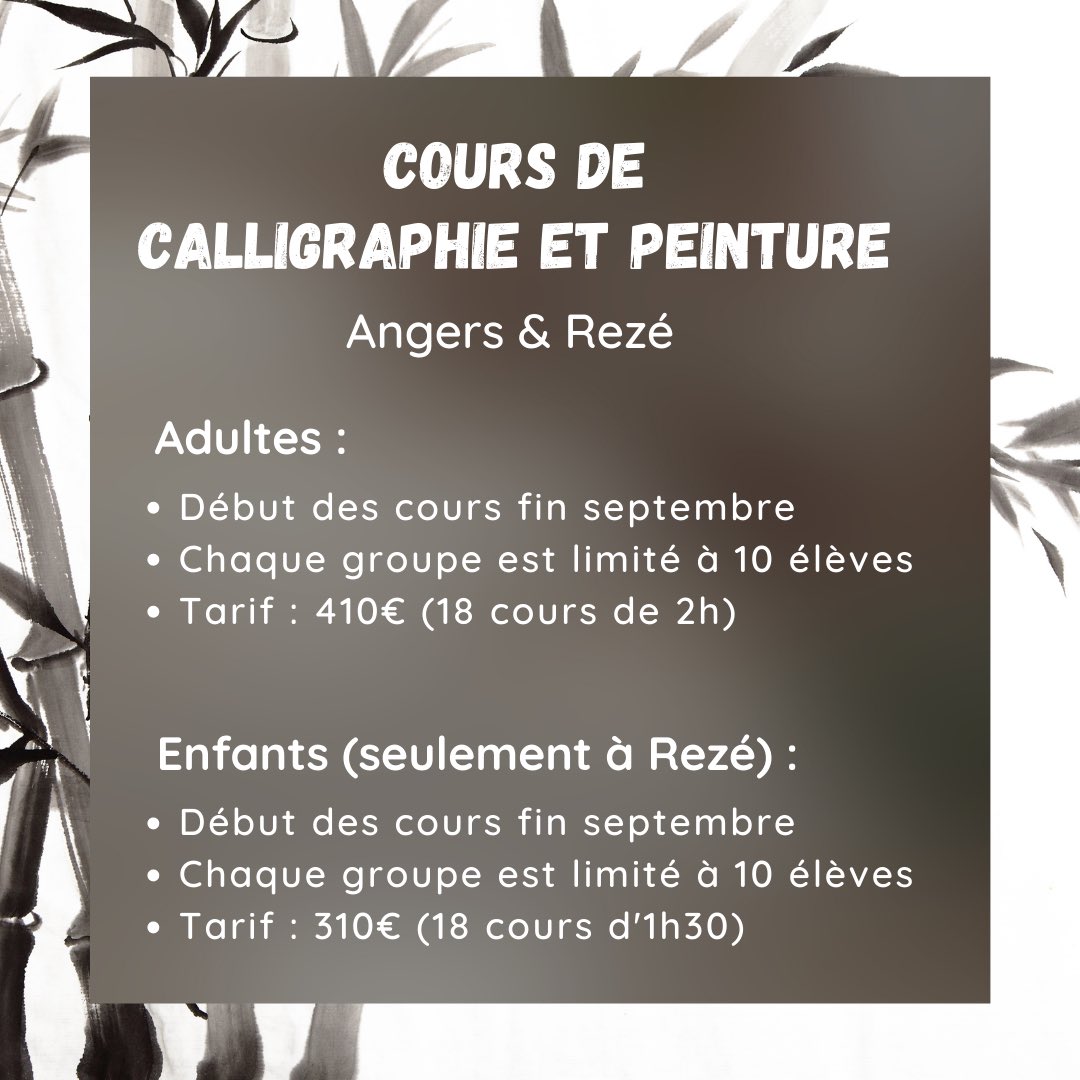 Ouverture des inscriptions 2023/2024 !

Cours de chinois et cours de calligraphie-peinture à destination des enfants et adultes.
Ne tardez pas à vous inscrire 
Angers : 02 41 95 53 52, bienvenue@confucius-angers.eu
Rezé : 02 40 32 87 92, iconfucius@notre-dame-reze.fr