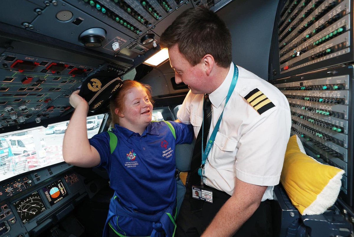 AerLingus's tweet photo. When your first cousin is flying you to compete at the 2023 Special Olympics World Summer Games in Berlin 😍 

📸 Athlete Ailís Colgan and First Officer Shane Kiely this morning ☘️ https://t.co/ZwGERsXtzN