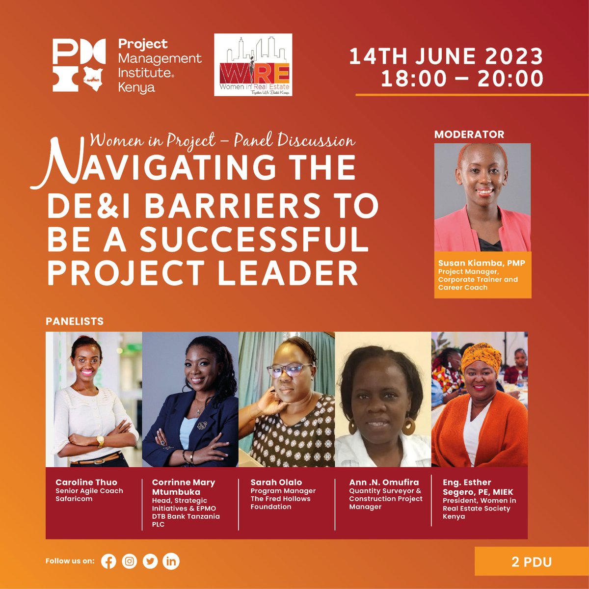 Join us for an empowering event! 🌟 
📅 14th June 2023, 6:00 pm
🌍 PMI Kenya &amp; WIRE present Women in projects Panel Discussion on "Navigating DE&amp;I Barriers" 🎤

🔗 Register: us06web.zoom.us/meeting/regist… 
#WomenInProjects #PMIKenya #WIRE