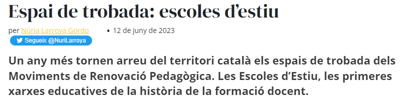 FMRPc's tweet photo. Ara i sempre les Escoles d’Estiu reivindiquem el nostre model @NuriLarroya presidenta de la @FMRP_cat
Espai de trobada: escoles d’estiu via @dia https://t.co/88fIucGUX6
#moviments #formaciomestres #juliolformacio #renovaciopedagogica
@educaciocat @MRP_Confe https://t.co/kmiIGprxem