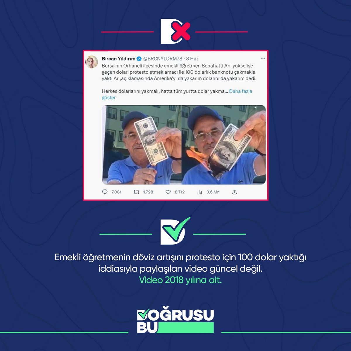 Emekli öğretmenin döviz artışını protesto için 100 dolar yaktığı iddiasıyla paylaşılan video güncel değil.

#DoğrusuBu ✅