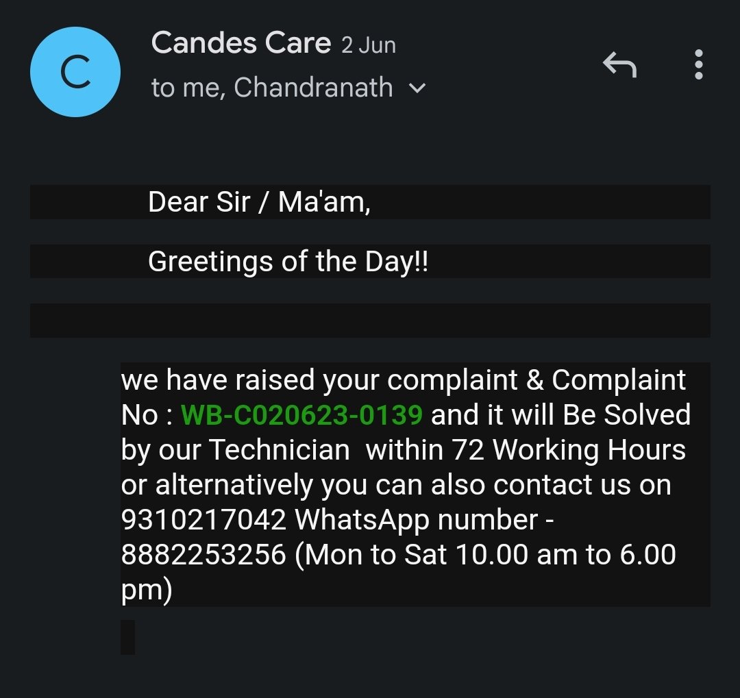 SamiranForU's tweet photo. Worst service ever seen by a brand @CandesWorld lodged a complaint on 1st June but still not solved . After sale service is so poor. https://t.co/BMFfWTwn0i