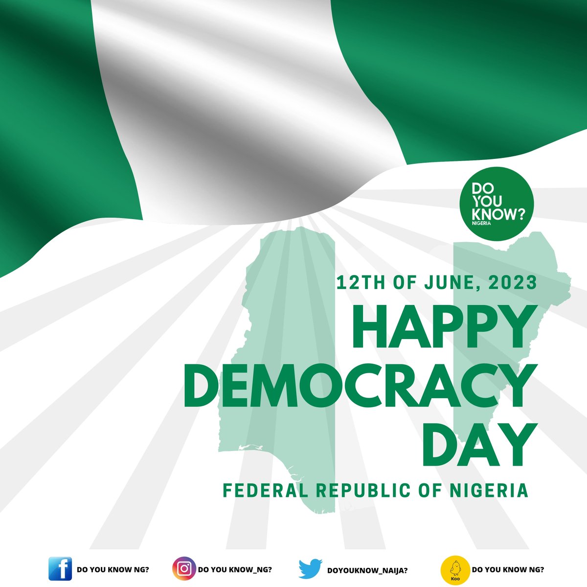 Happy Democracy Day, Nigeria! 

This momentous occasion serves as a tribute to the advancements and accomplishments we have attained in our democratic voyage. May we embrace the ideals of liberty, equality, and active engagement as we forge ahead towards a more promising future.