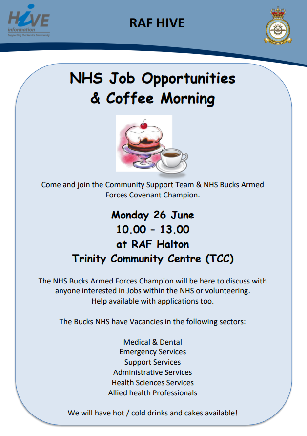 RAF_Halton_HIVE's tweet photo. NHS Job Fair - Monday 26th June - 10.00 till 13.00

We are pleased to welcome back our NHS Bucks Armed Forces Covenant Champion and her team to hold another Job fair here at RAF Halton.

Please pop along to the TCC, have a look and ask any questions you may have.

@RAFHIVE #NHS https://t.co/w73V4MQzLw