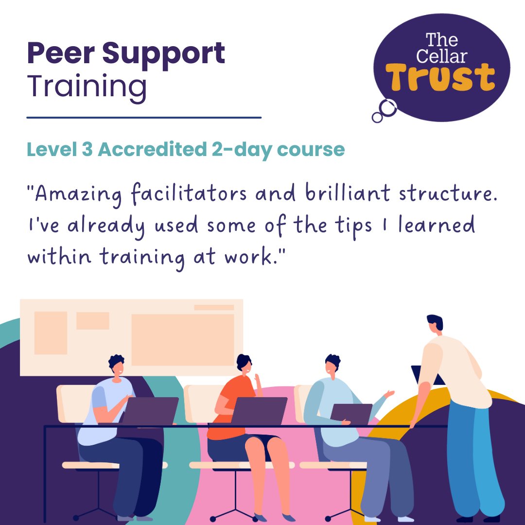 CellarTrust's tweet photo. Dates for our next 2-day Level 3 Accredited #PeerSupportTraining are now available to book!
-20th & 27th June, at The Cellar Trust
-23rd & 30th June, online (Zoom)
Learn the core skills and understanding needed to be a Peer Support Worker.
Full details: https://t.co/Nwfgf0dViQ https://t.co/oIH2t4gHJV