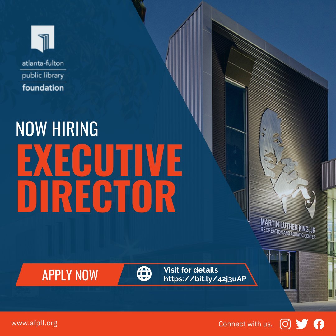 afplf_atl's tweet photo. The Atlanta Fulton Public Library Foundation is looking to hire an Executive Director who can serve as a visionary, servant leader for the organization.  Visit https://t.co/eQV8PLWHwI for details and to apply.

#AFPLF #ExecutiveDirector #Atlanta #NowHiring #CSuite https://t.co/Ul3n05xaQ0