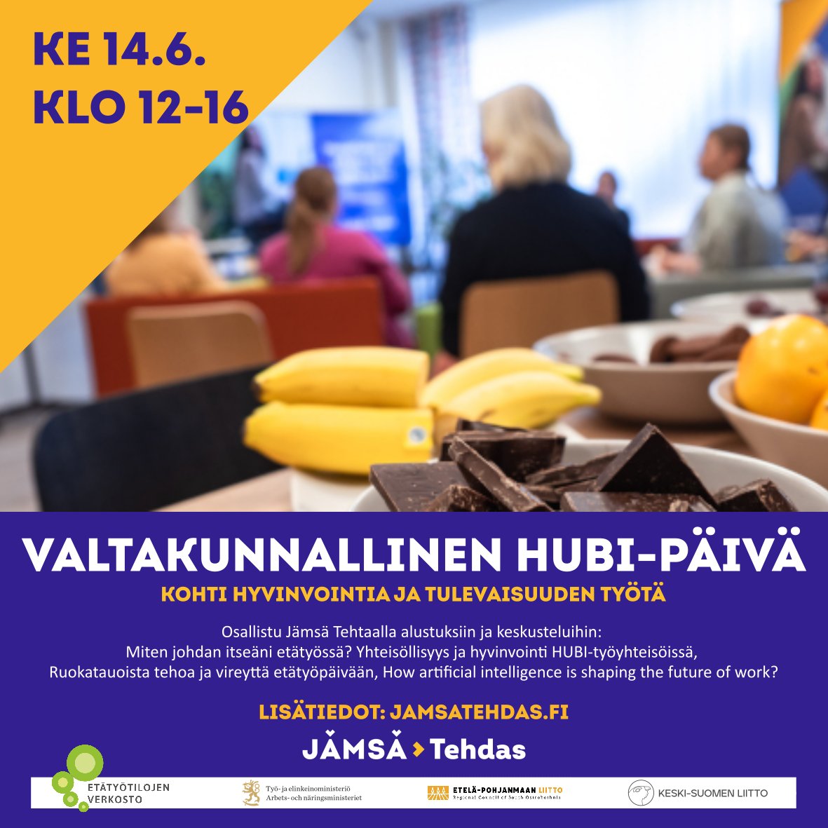 Keskiviikkona 14.6. on valtakunnallinen HUBI-päivä, tule viettämään sitä kanssamme Tehtaalle! 🥳 Alustukset ovat verkkovälitteisiä, mutta keskustelut livenä paikan päällä.🌼
jamsa.eventz.today/fi-FI/page/647…
#jämsätehdas #hyvätyöpäiväkokemus #etätyö #jämsä #keskisuomi