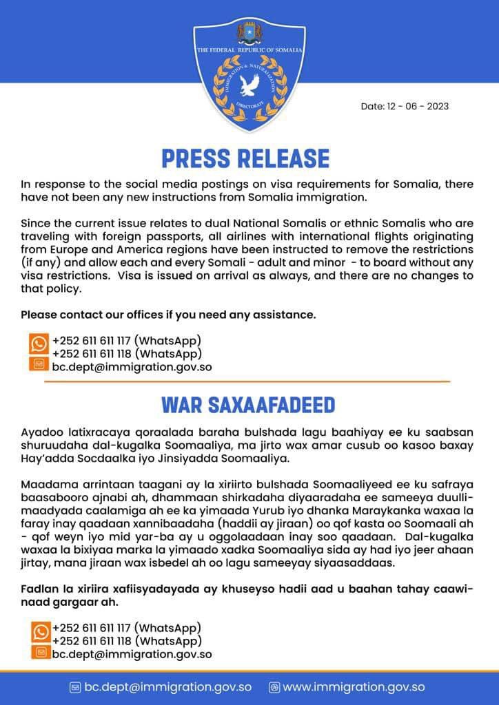 Iamfidow's tweet photo. The Immigration Department of #Somalia has issued a statement to provide clear information regarding the current restrictions.

They have made a specific request to all airlines operating flights originating from Europe and America, urging them to remove any imposed limitations. https://t.co/g2sOFBsO2D