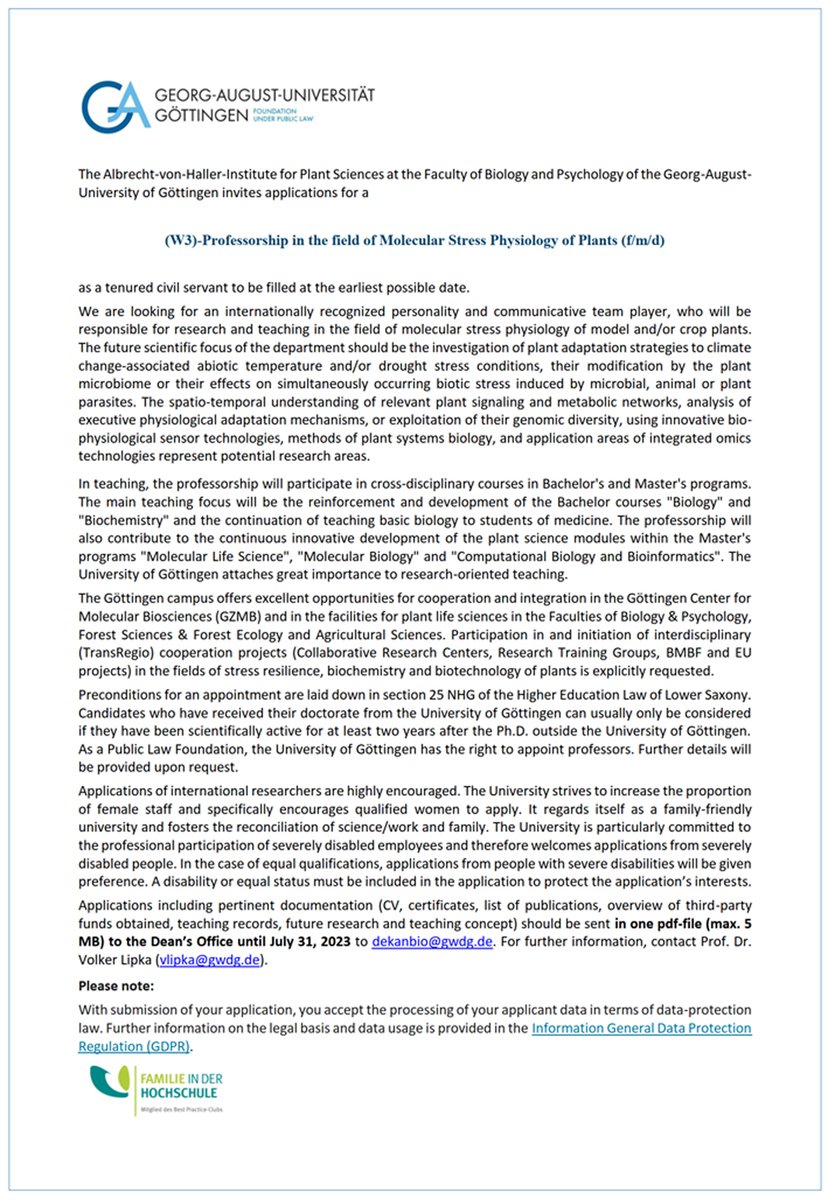 University of Goettingen offers a tenured full professorship on Molecular Stress Physiology of Plants (succession of Prof. C. Gatz). Please consider applying! Spread the news!
uni-goettingen.de/en/676558.html
uni-goettingen.de/de/676558.html