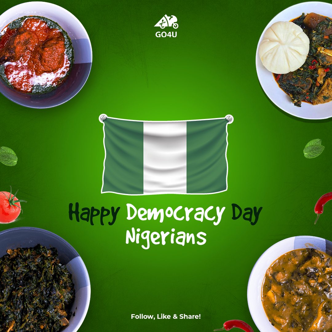 Go4u_ng's tweet photo. Happy Democracy Day, Nigerians!
May the power of the people triumph at last; and the voice of the masses be heard.
Remember, good food takes celebration to the Zenith.
GO4U is gearing up to serve you!
#DemocracyDay2023 #Go4u #Akurehowfar #Fooddelivery #Amala #Nigerianfood https://t.co/MvLm0jWc17