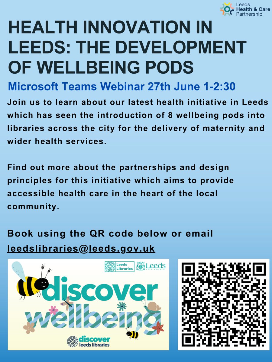 leedslibraries's tweet photo. Health Webinar 27 June 1-2.30pm
Learn about our latest health initiative – the development of community Wellbeing Pods, a partnership between Leeds Libraries and the ICB.
We’ve introduced 8 Wellbeing Pods into community libraries to deliver maternity and wider health services. https://t.co/x71CUf9ea2