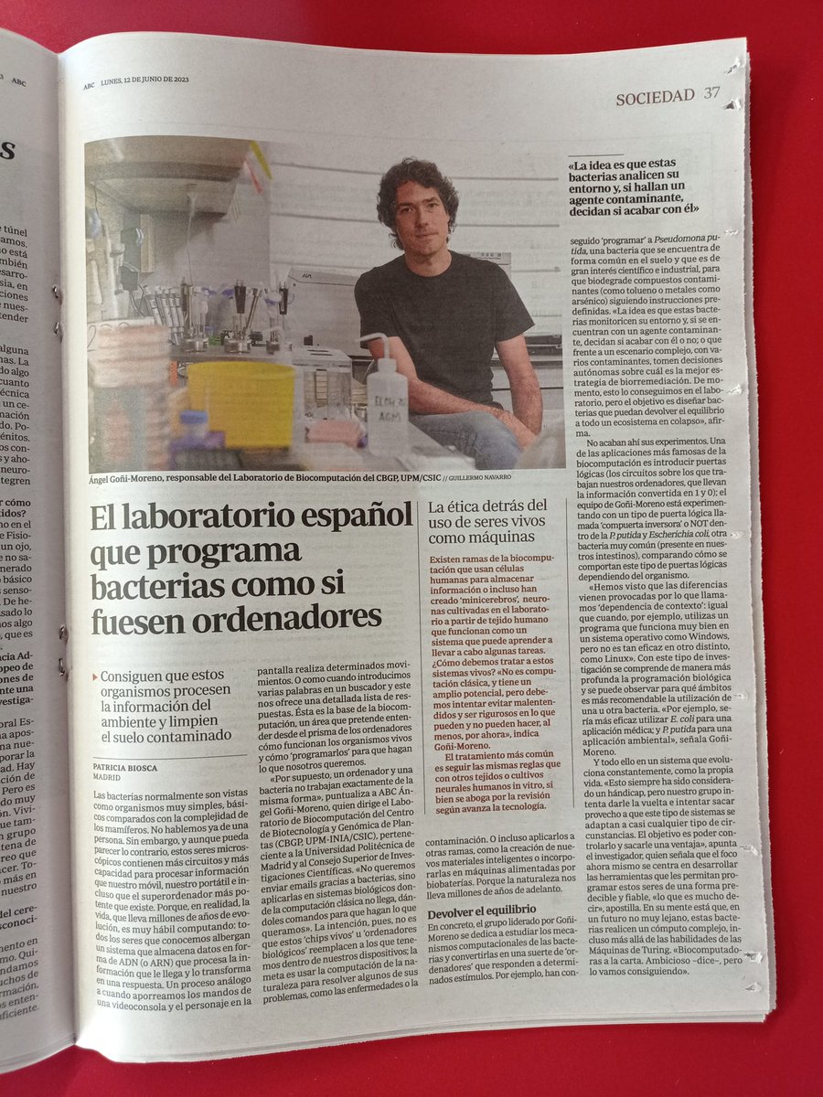 Angel Goñi-Moreno @angelgm.bsky.social (@angelgmoreno) on Twitter photo Muy contento de ver ciencia básica en los medios. Y más todavía si es lo que hacemos en nuestro laboratorio del <a href="/CBGP_Madrid/">CBGP</a> (<a href="/La_UPM/">Universidad Politécnica de Madrid</a> <a href="/INIA_es/">INIA-CSIC</a>). El concepto de programar sistemas biológicos y su potencial uso ambiental. A ver si metemos "biocomputación" en la <a href="/RAEinforma/">RAE</a> pronto😁 Muy contento de ver ciencia básica en los medios. Y más todavía si es lo que hacemos en nuestro laboratorio del <a href="/CBGP_Madrid/">CBGP</a> (<a href="/La_UPM/">Universidad Politécnica de Madrid</a> <a href="/INIA_es/">INIA-CSIC</a>). El concepto de programar sistemas biológicos y su potencial uso ambiental. A ver si metemos "biocomputación" en la <a href="/RAEinforma/">RAE</a> pronto😁
