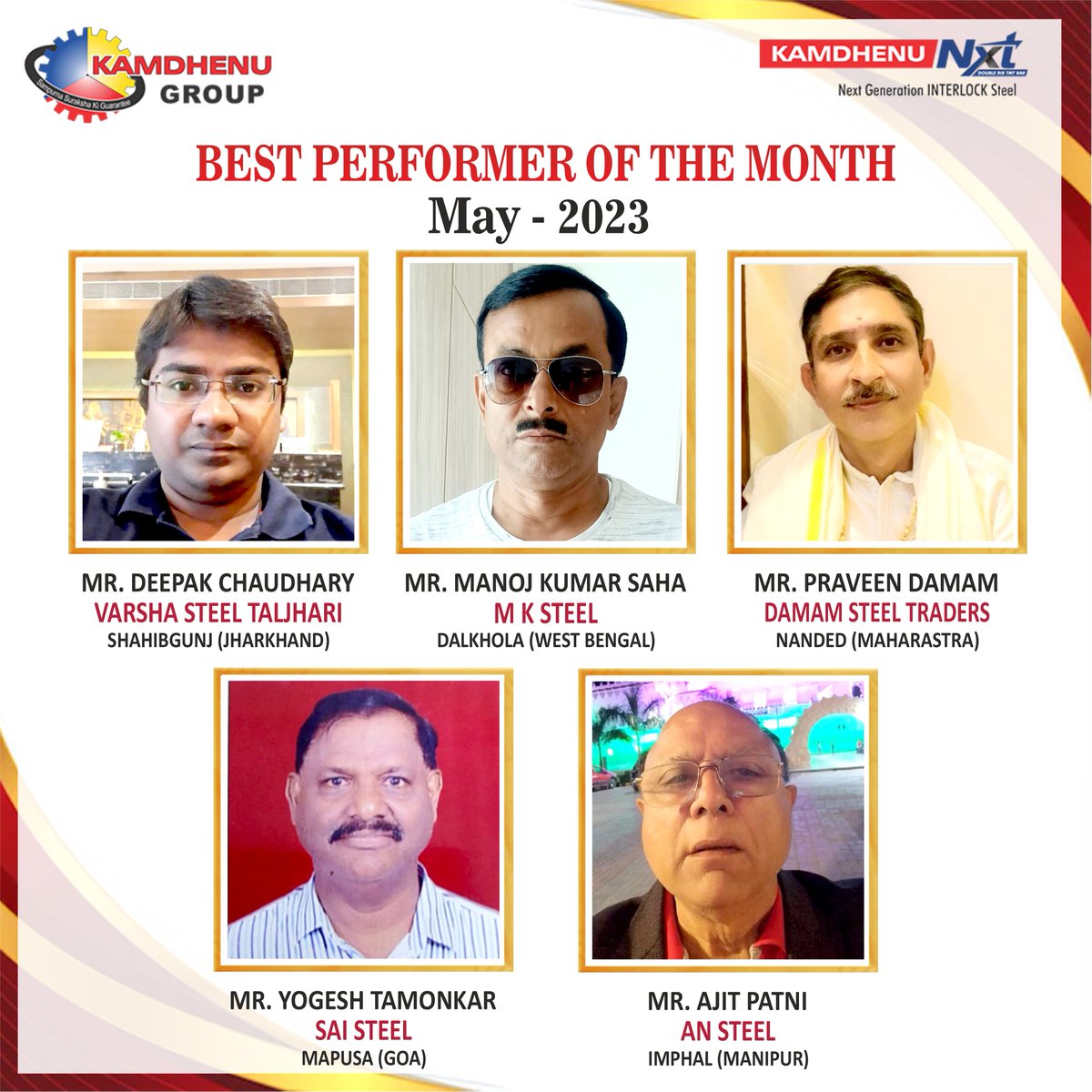 A thunderous applause to our exceptional top performers of May 2023. Their unwavering dedication, stellar skills & relentless pursuit of excellence have set new standards for success. We are proud that you all are part of our team!

#DealerOfTheMonth #BestPerformer #KamdhenuGroup