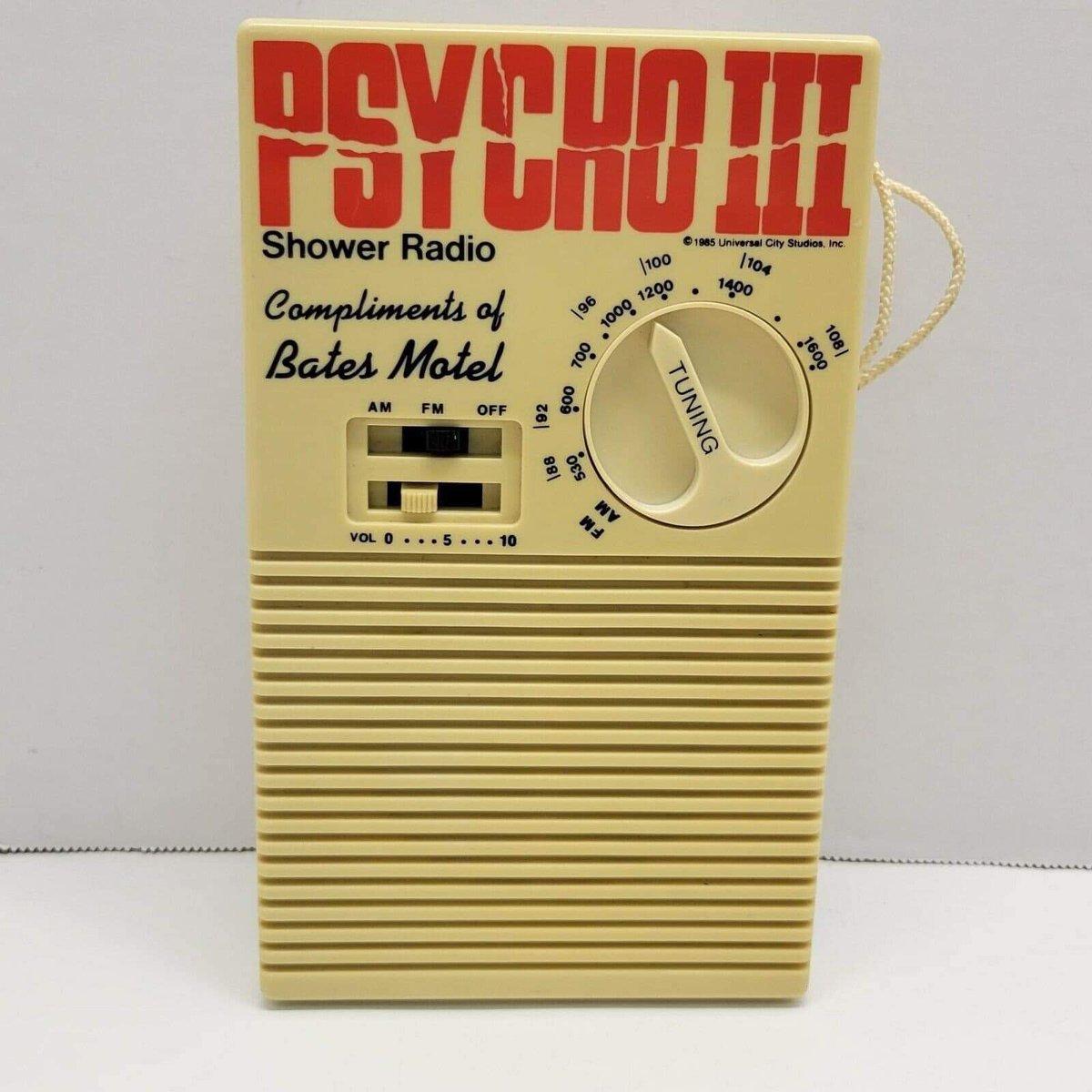 Promo Merch from PSYCHO III (1985, Universal) Compliments of the Bates Motel, your very own Waterproof Shower Radio! Turn it up as loud as you want! 😁 (So Norman can enter unnoticed. 😱) #Psycho #Psycho3 #BatesMotel #80s #80shorror #HorrorCommunity #HorrorFam #HorrorMovies