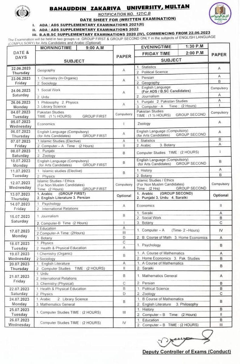 eLearnPak's tweet photo. Bahauddin #Zikria #University #Multan.
Date Sheet for Written #Examination ADA, ADS, #BA , #BSc.
#BZU #Update #Datesheet https://t.co/LywTRo50Tz