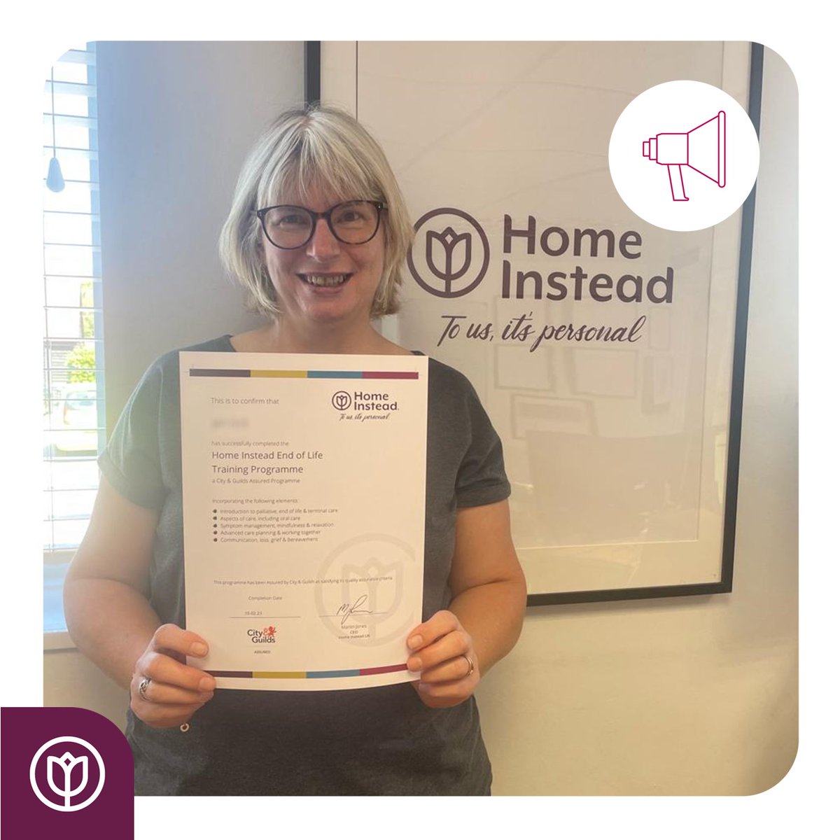 HISC_Horsham's tweet photo. Well done to Jenny for completing her End of Life Training! A great achievement 💜

We provide ongoing training to the highest of standards using our industry leading training programmes.

#Carer #CareCareer #Horsham #BurgessHill #HaywardsHeath #JobsInCare #YouCanCare https://t.co/kwiBjny0Po