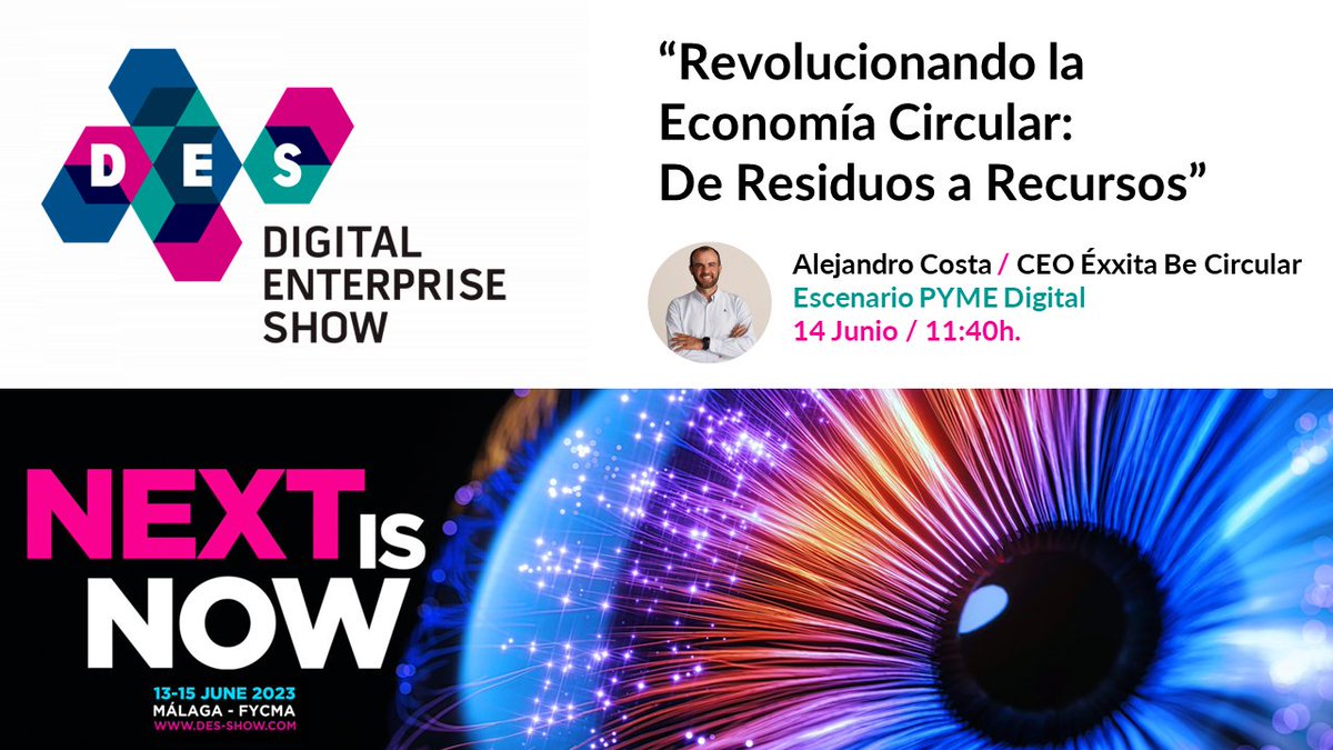 ExxitaBCircular's tweet photo. 🔴Este próximo miércoles 14 de junio, nuestro CEO @alecostajimenez participará en @DES_show Málaga con la ponencia "Revolucionando la Economía Circular: De Residuos a Recursos".  ¡Te esperamos! #DES2023 
🗓️ 14 Junio, 11:40h.
📍 DES Málaga. Escenario PYME Digital🌍♻️ https://t.co/Nq1YLUEnUU