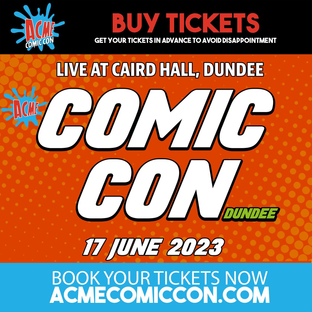 Our first ever ACME Dundee Comic Con is this Sat 17 June. 3 years, 3 months after its original date which got cancelled the first week of covid. 

Please join us, tickets are cheap and avail online and on the day.  
tinyurl.com/yw9rtnc2