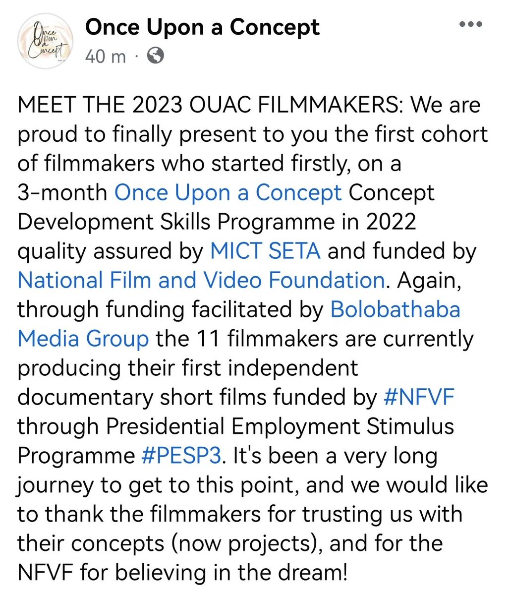 MissMolatelo's tweet image. MEET THE 2023 OUAC FILMMAKERS: We are proud to finally present to you the first cohort of filmmakers who started on a 3-month Once Upon a Concept Concept Development Skills Programme in 2022 quality assured by @MictSeta and funded by @nfvfsa #PESP3
