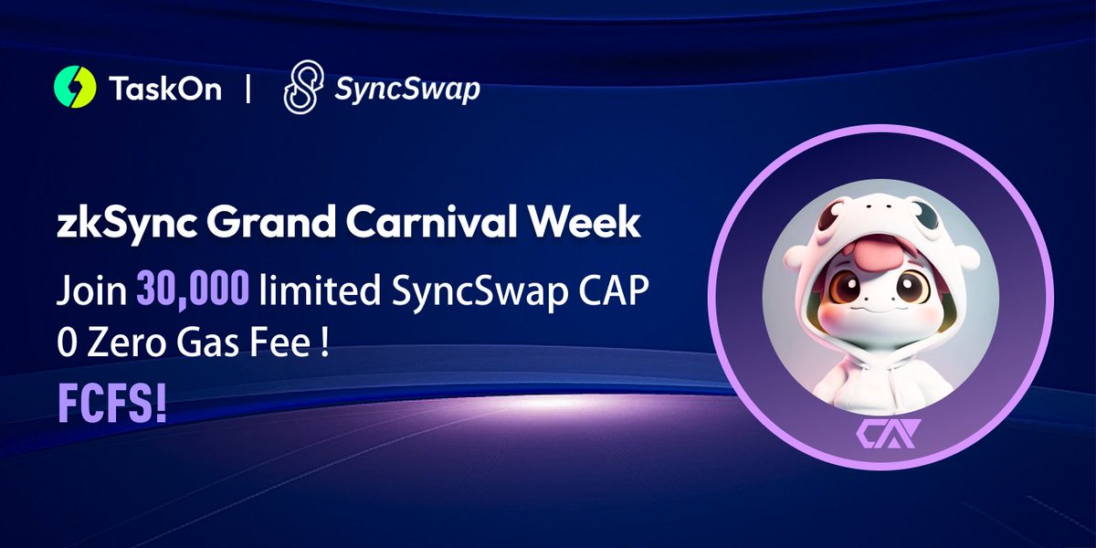 🔥 #zkSync Grand Carnival Week! 🙌 Don’t miss our special #Giveaway with @taskonxyz 🎁 30,000 limited #CAPs /w 0 gas fee #FCFS ⏰ Jun 12th, 10:00 – Jun 22nd, 10:00 (UTC) Act Now👇 taskon.xyz/campaign/detai… #NFT #Airdrop #Web3 #zkSyncEra