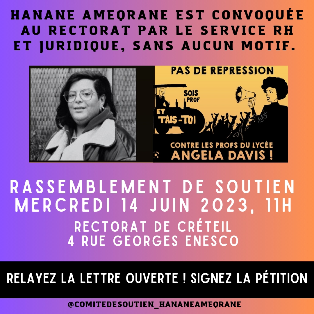 ✊Rassemblement du comité de <a href="/Soutien_Hanane/">soutien hanane ameqrane</a> mercredi 14/06 à 11h avec les syndicats &amp; le collectif des réprimé.e.s de l'Education Nationale #SoisProfEtTaisToi pour soutenir <a href="/93LadyGaza/">Ameqrane Hanane lady gaza</a> victime de répression syndicale, de harcèlement #Petition change.org/p/soutienhanan…