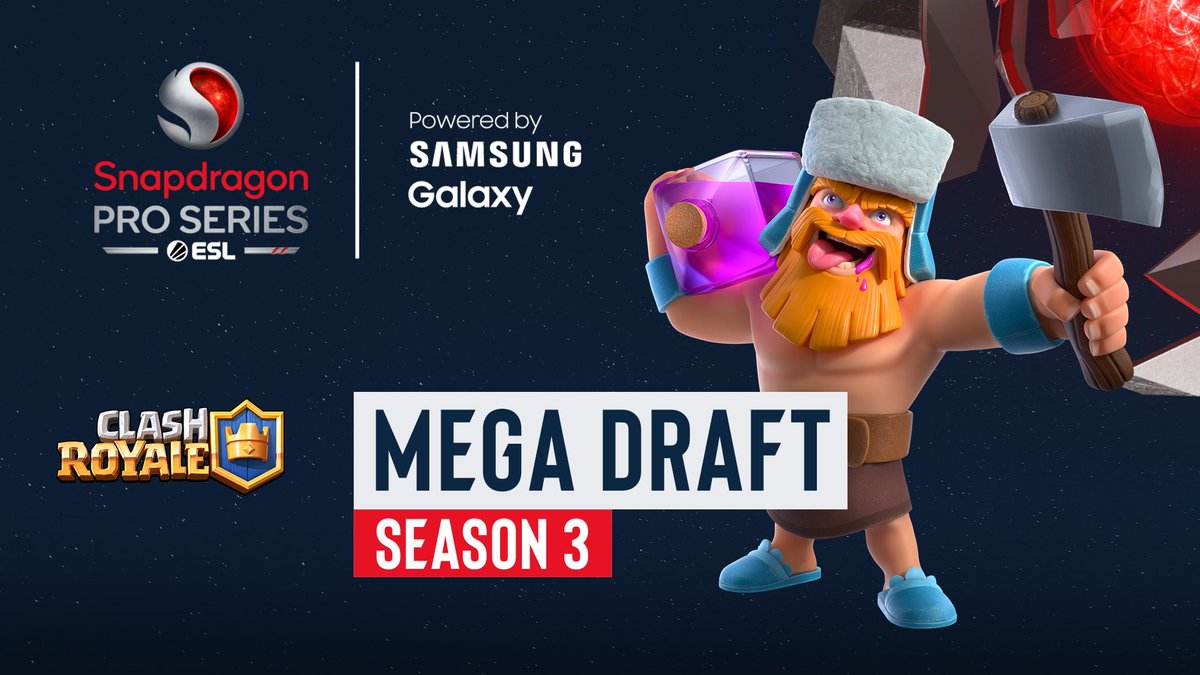 Season 3. Split 2. 🎉 🎉 Sign up and get ready for two weeks of Snapdragon Mobile Open in the 1v1 Mega Draft format! 🏆 snapdragonproseries.com/clash-royale/ #SnapdragonProSeries @EsportsRoyaleEN