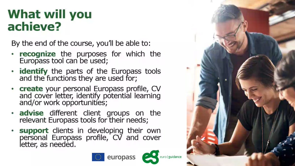 #Euroguidance launched their new eCourse on #Europass for career guidance! 👏🏽

The course is a free learning experience that you can complete at your own pace. Start it when you want and come back later! 💻

The launch introduced the new eCourse, the learning environment with its
