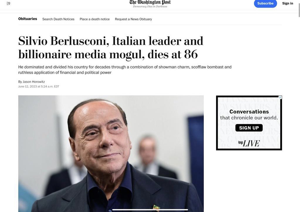 Silvio Berlusconi has been dominant for so long in Italy that I wrote his obit for both the @nytimes and the @washingtonpost