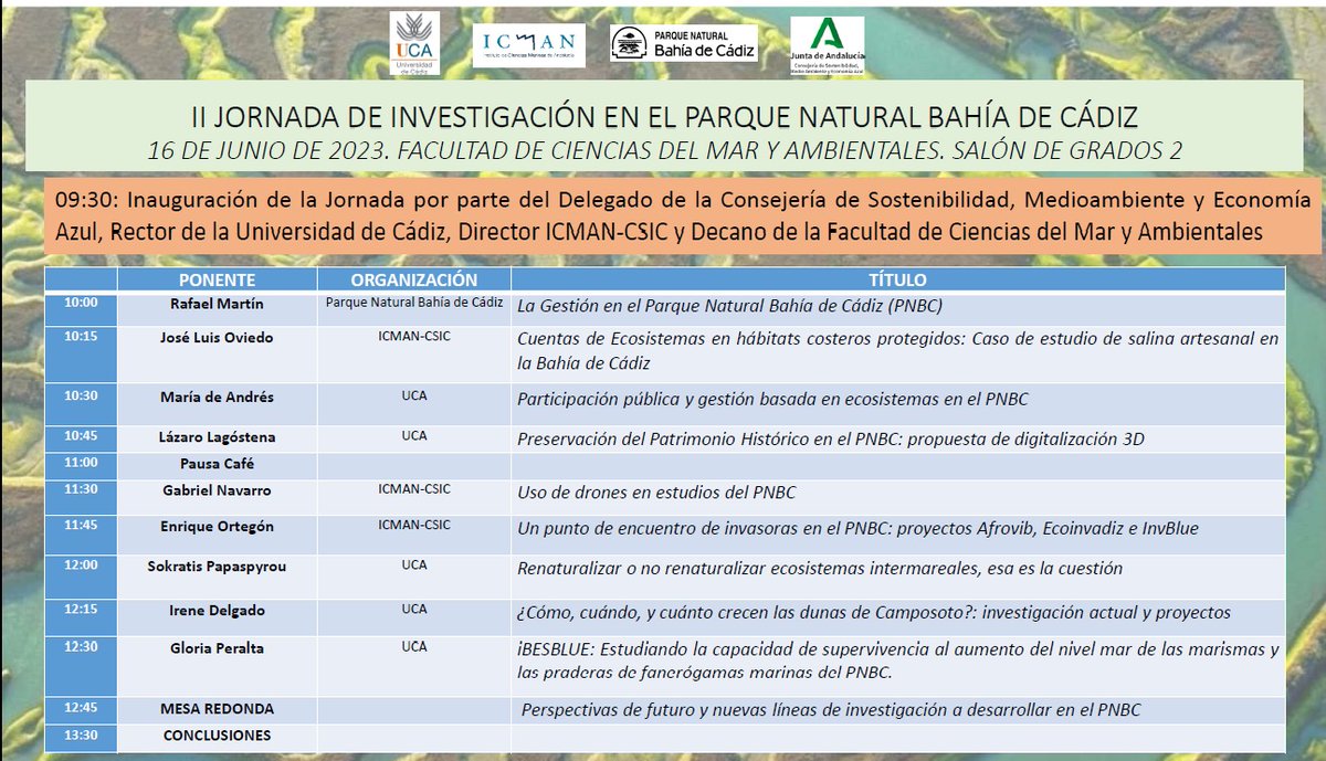 ICMAN-CSIC (@icman_csic) on Twitter photo 📣Los investigadores del <a href="/ICMAN_CSIC/">ICMAN-CSIC</a> José Luis Oviedo, Gabriel Navarro y Enrique González Ortegón participan en II Jornadas de Investigación en el Parque Natural Bahía de Cádiz
🗓️16-06-2023
🕥9:30h
📌Salón de Grados 2 de la Facultad Ciencias del Mar y Ambientales de <a href="/univcadiz/">Universidad de Cádiz</a> 📣Los investigadores del <a href="/ICMAN_CSIC/">ICMAN-CSIC</a> José Luis Oviedo, Gabriel Navarro y Enrique González Ortegón participan en II Jornadas de Investigación en el Parque Natural Bahía de Cádiz
🗓️16-06-2023
🕥9:30h
📌Salón de Grados 2 de la Facultad Ciencias del Mar y Ambientales de <a href="/univcadiz/">Universidad de Cádiz</a>