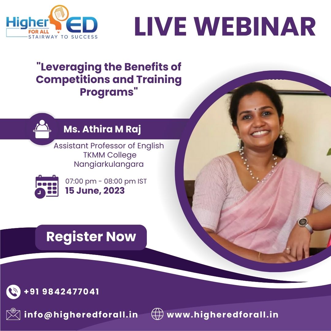 HigherEd_forAll's tweet photo. Join us for an exciting webinar on "Leveraging the Benefits of Competitions and Training Programs"*, by Ms. Athira M Raj. #Webinar #SuccessTips #TrainingPrograms #CompetitionAdvantage
Register Now: https://t.co/fqygoilxWE https://t.co/UMVpLKkL0K
