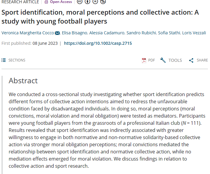 DrSofiaStathi's tweet image. Interested in the link between sport identification and solidarity-based collective action? We explored this with grassroots football players in Italy - led by the excellent Veronica Cocco  🌟doi.org/10.1002/casp.2… #GrassrootsSports