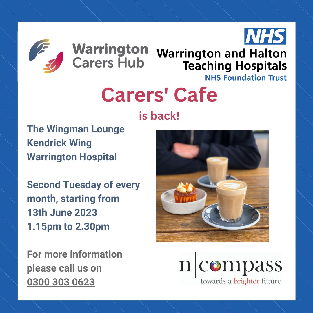 Please join us tomorrow for a chat and cuppa with other carers, as well as professional support from N-compass/Warrington Carers Hub with advice, information and guidance. Open to all carers. ☕️🧑‍🤝‍🧑♥️