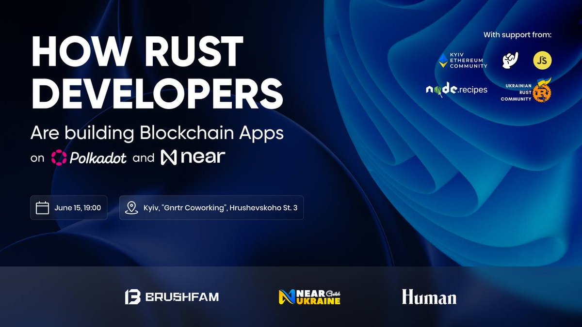 nearuaguild's tweet photo. 📢Technical #blockchain meeting in Kyiv 💫

How Rust Developers Are Building Blockchain Apps is a meetup that focuses on technical aspects and plans to look at other use cases besides #Crypto 

Learn more from @nearuaguild, @humanguild and @Brushfam_io about:

1️⃣What is blockchain, what can it be used for
2️⃣ Features of #Polkadot and #Near, why you need them
3️⃣ What are the blockchain use cases and let's see a demo
4️⃣ Why is blockchain gaming needed, and how does Human Guild help develop blockchain games

About the organizers:

@Brushfam_io is a technology company that onboards businesses to #web3. They solve problems in businesses or industries as a whole through the blockchain, thereby adding real value.
https://t.co/tNsgRk7oMN

@humanguild is a blockchain game incubator on Near Protocol that helps projects find product market fit and become a successful startup 🎮

@nearuaguild is a fast-growing guild from Ukraine that aims to provide high-quality educational content and help develop a strong community of developers/entrepreneurs/enthusiasts in the Near Protocol ecosystem

🧭Where: Mykhaila Hrushevsky 3, Kyiv, Ukraine
📅 When: June 15, 2023
⏰ 19:00 - 22:00

❗️Entrance is free, but prior registration is required👇
https://t.co/N0dvUmSM6S

#NEARProtocol #NEARisNOW #CryptoNews