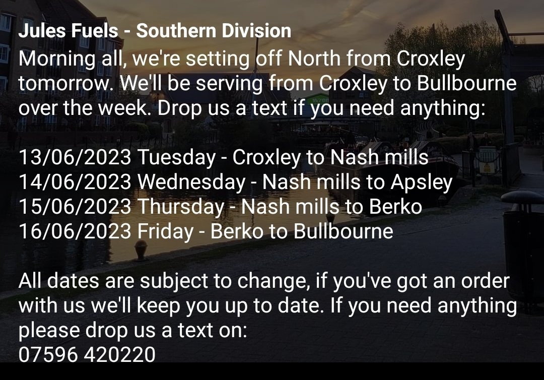 FuelsJules's tweet photo. Morning all, 
We're setting off North from Croxley tomorrow. We'll be serving from Croxley to Bullbourne over the week. Drop us a text if you need anything:
07596 420220
Cheers,
Andrew, Bob and Bessie https://t.co/0URDkp9Jut