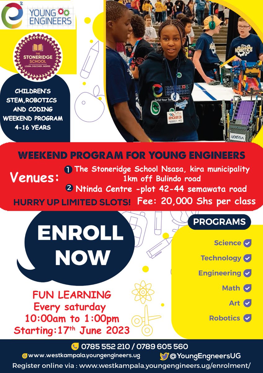 Stoneridge_Sch's tweet image. The
@YoungEngneersUG
#STEMeducation saturday camp starting this weekend at The Stoneridge School in Nsasa, Bulindo, north of Kampala. Register here shorturl.at/cQRTZ